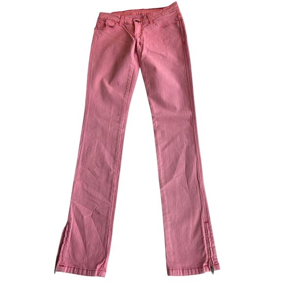 NWOT USA Made ASUBI Pink Stretch Cotton Embroidered Light Distress Zipper Leg 27 - Picture 1 of 10